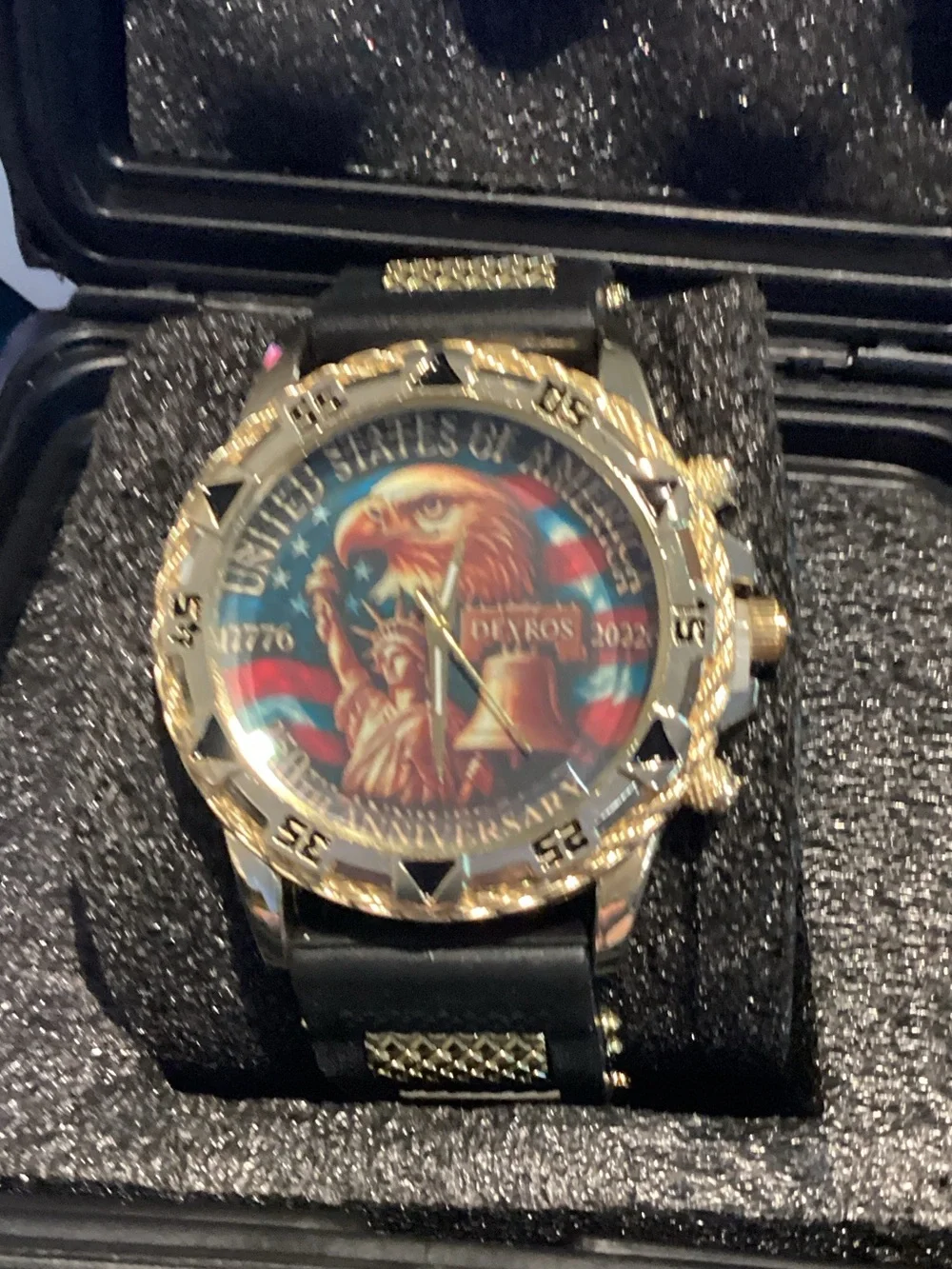 Patriotic Gold-Tone Men's Watch with Black Band